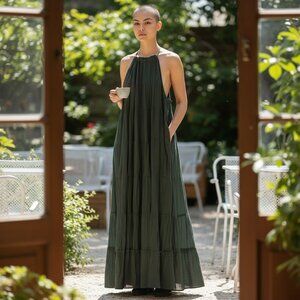 Sleeveless Maxi Dress Deep Pine Green with Halter Neck, Size S